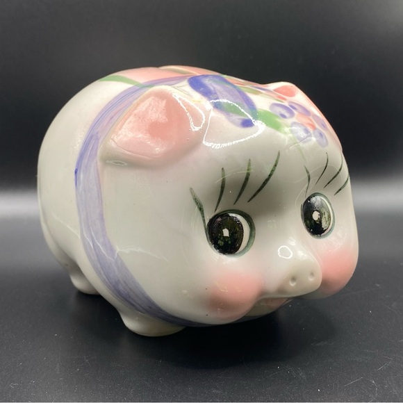 Vintage Ceramic Pig Piggy Bank Hand Painted Purple Pink Flowers And Bow - Picture 2 of 10